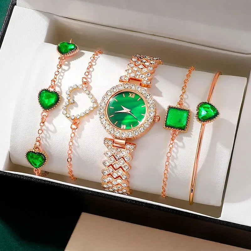 Luxury Emerald Watch & Bracelet Set