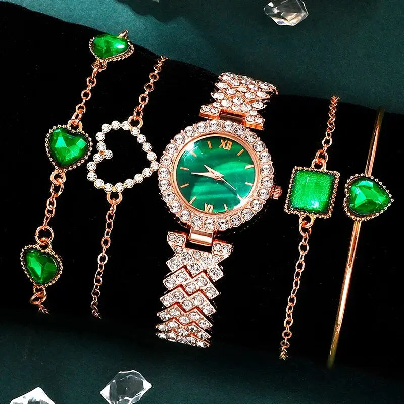 Luxury Emerald Watch & Bracelet Set