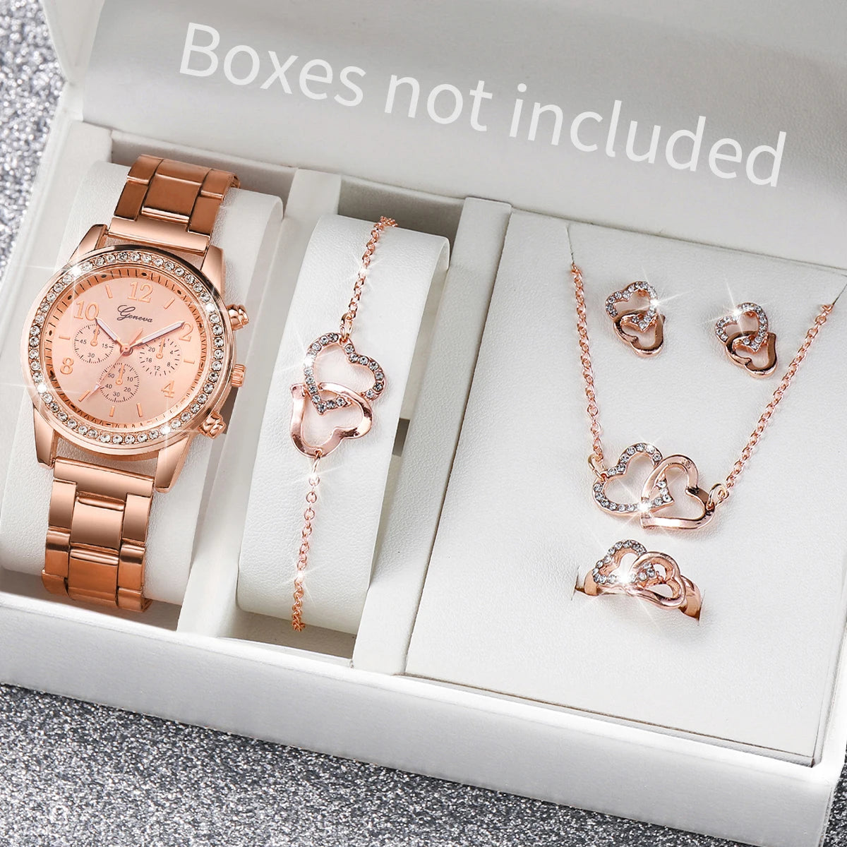 Rhinestone Watch & Double Heart Jewelry Set