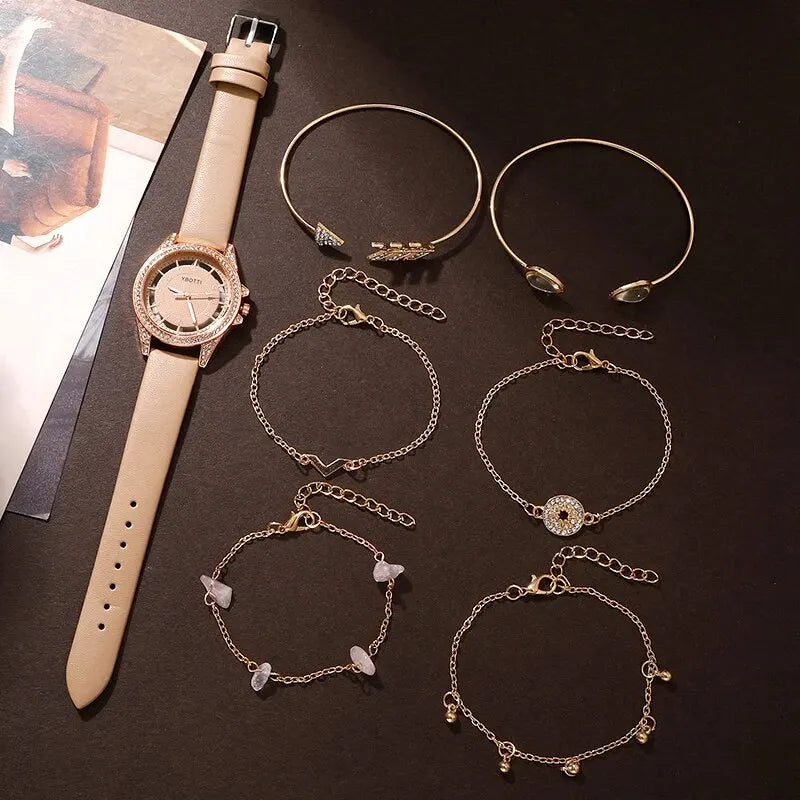 Luxury Leather Band Watch & Bracelet Set