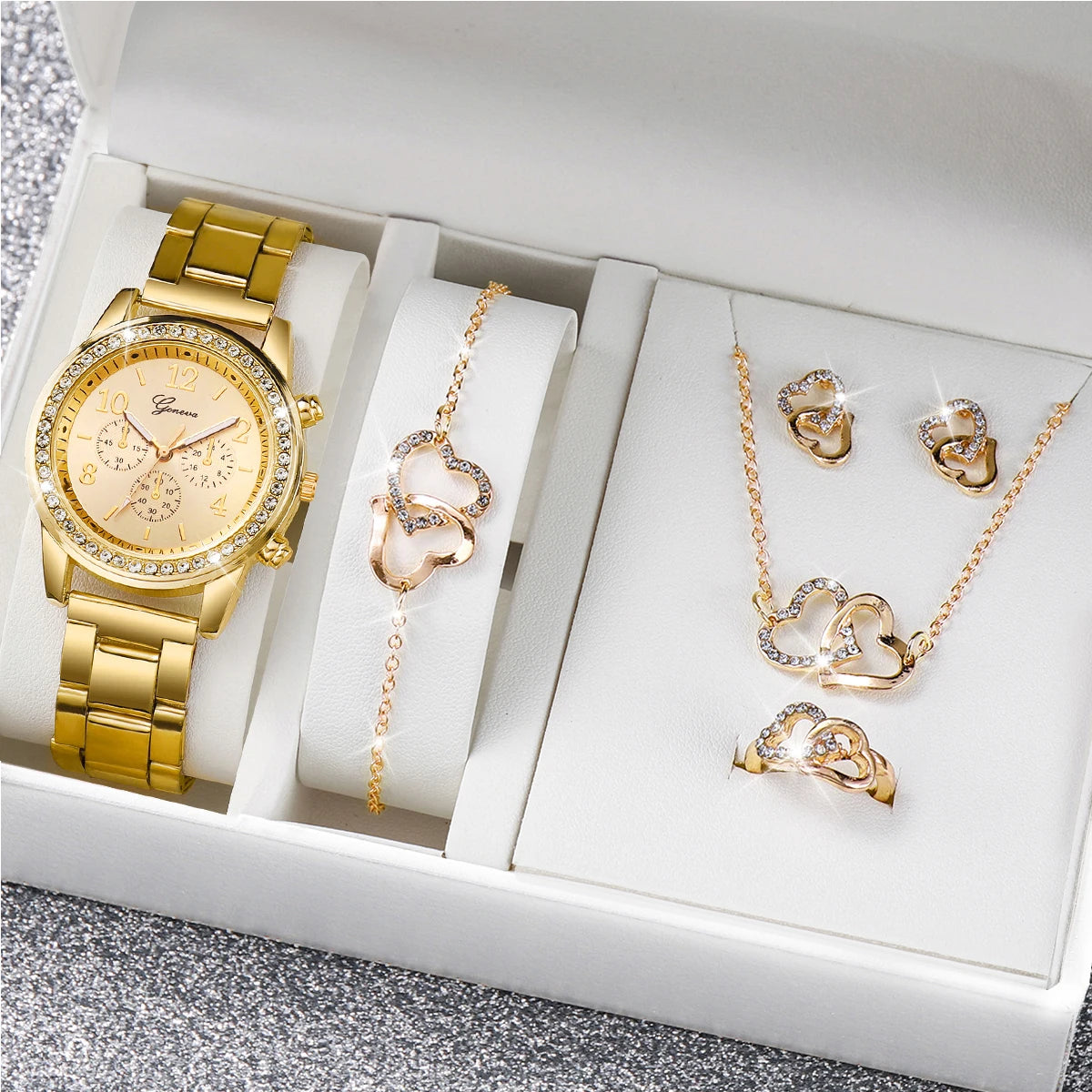 Rhinestone Watch & Double Heart Jewelry Set