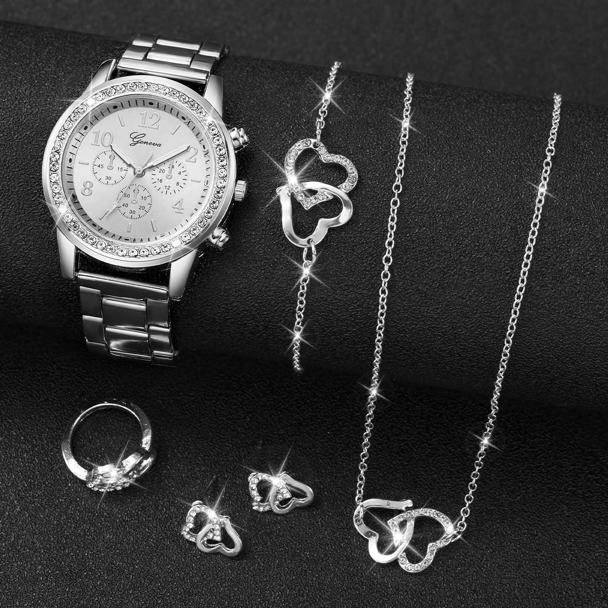 Rhinestone Watch & Double Heart Jewelry Set