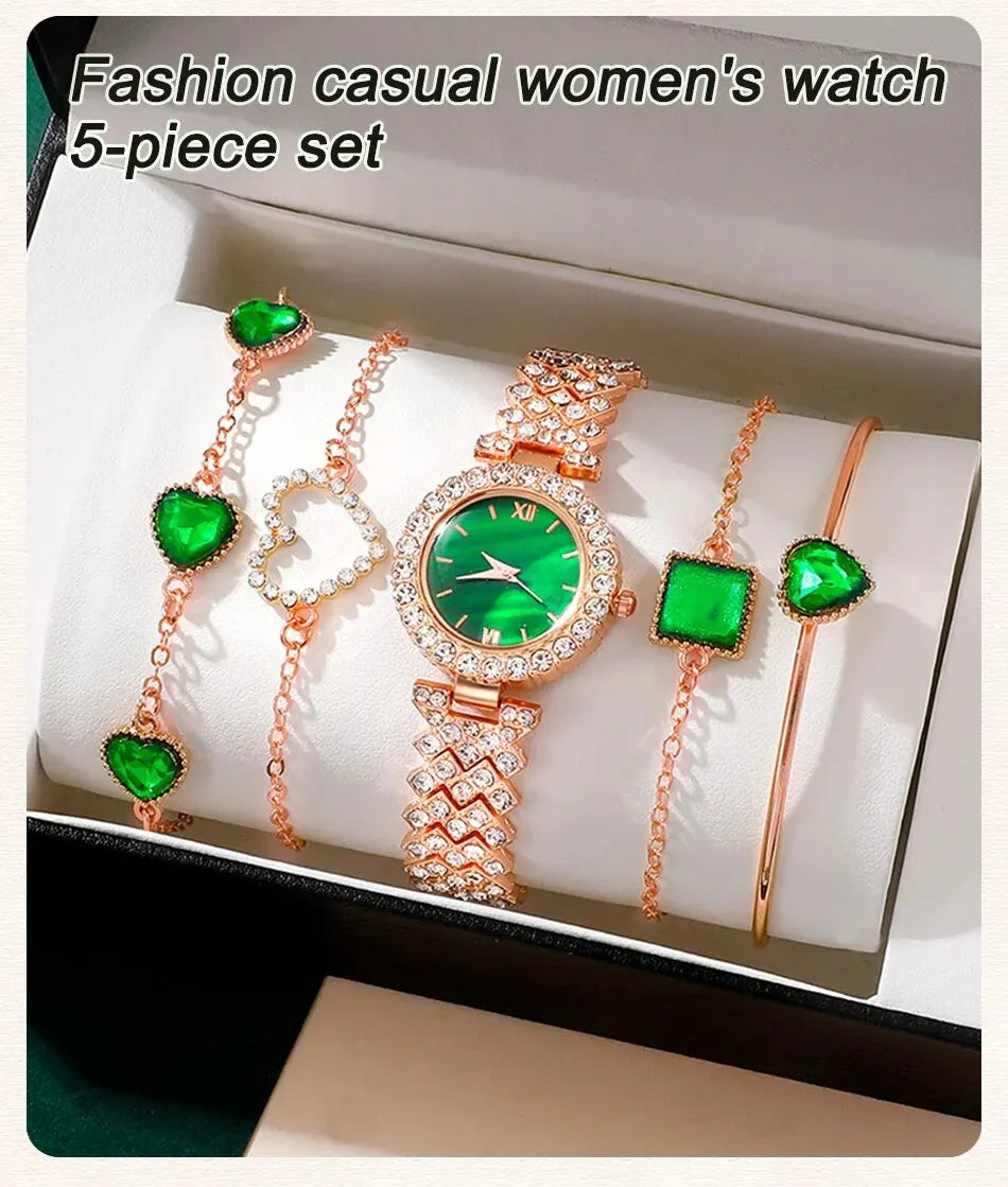 Luxury Emerald Watch & Bracelet Set