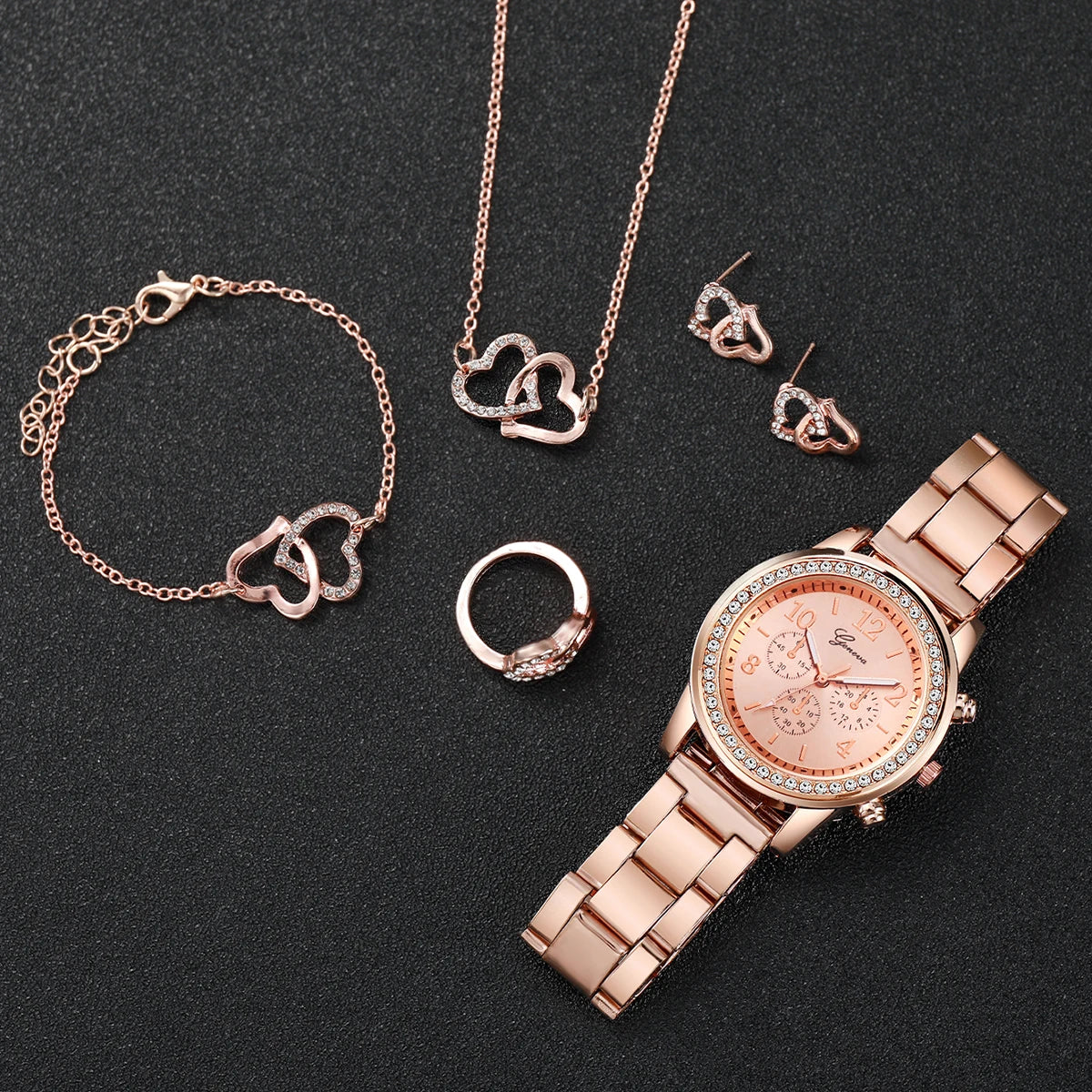 Rhinestone Watch & Double Heart Jewelry Set