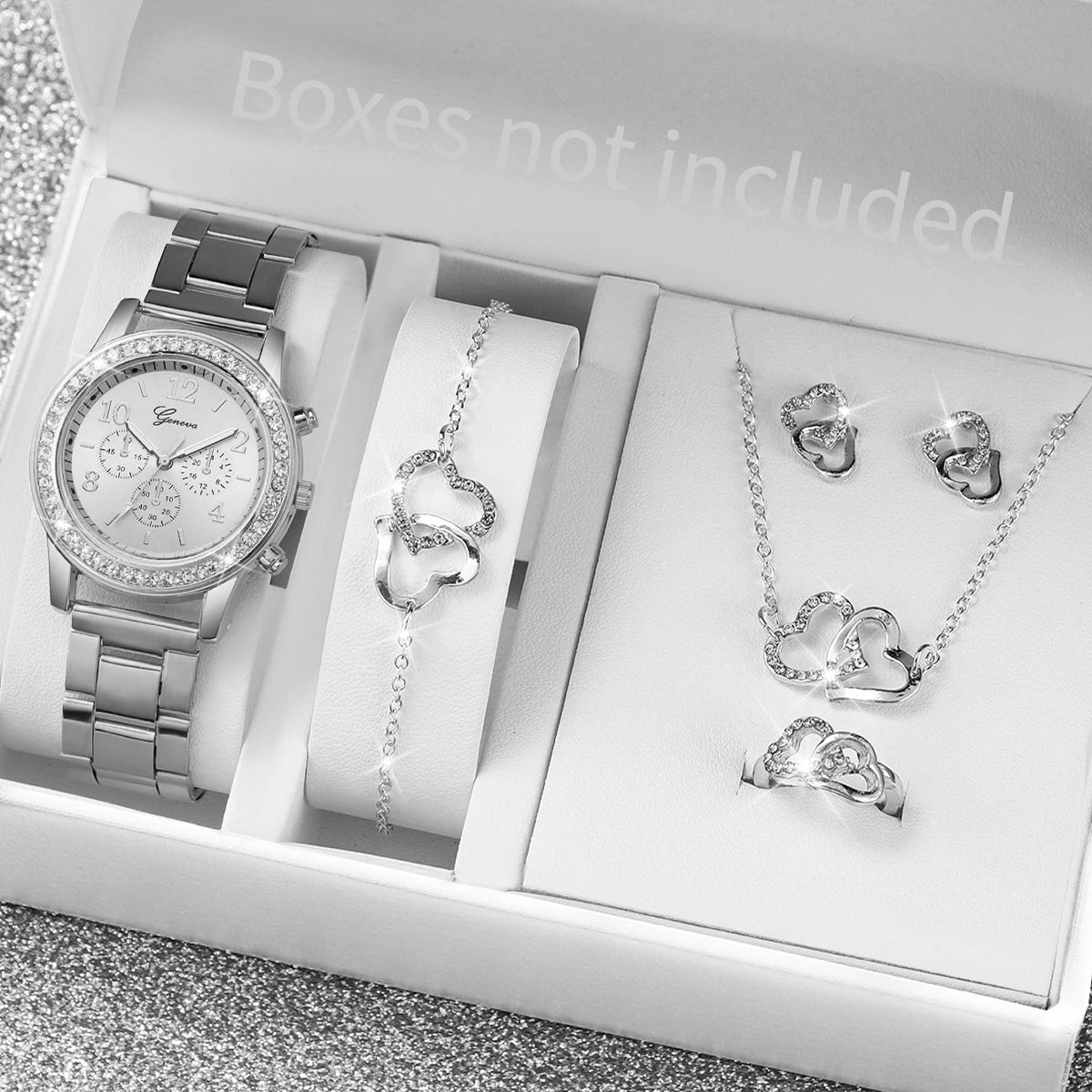 Rhinestone Watch & Double Heart Jewelry Set